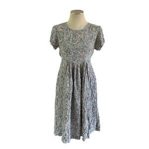 Vtg Blue Ditsy Floral Print Cottagecore Prairie Granny Maxi Dress Wmns M